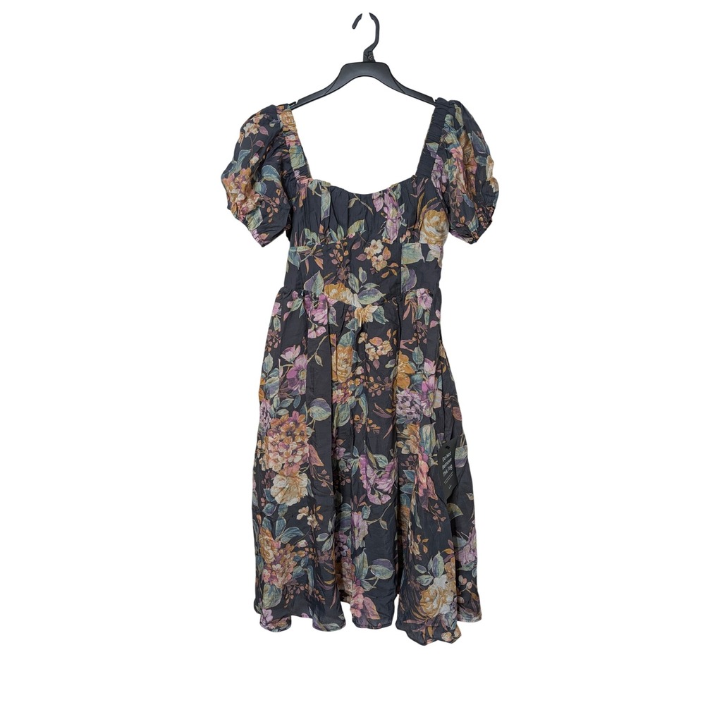 Lulus Adorable Tendencies Dark Grey Floral Puff Sleeve Midi Dress Size Large NWT - Picture 5 of 9